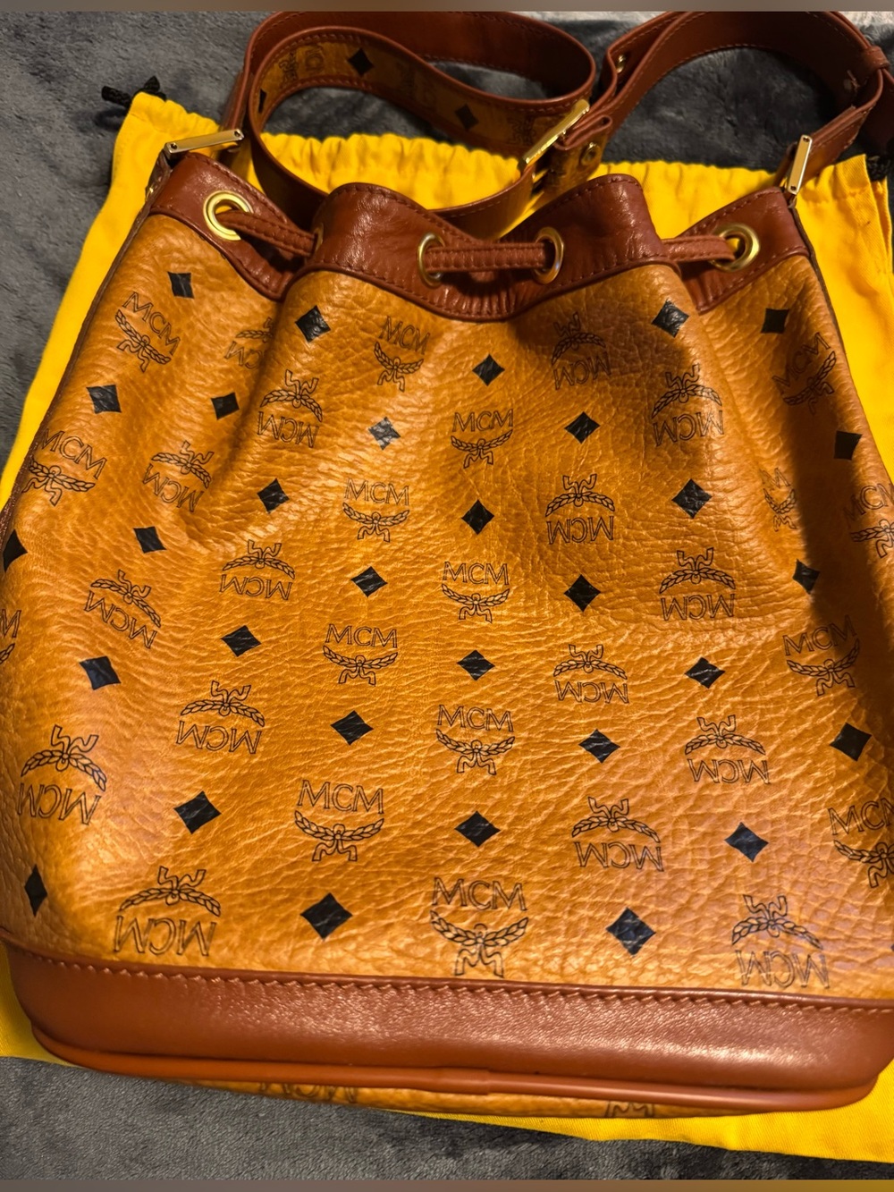 MCM Cognac/Chestnut Visetos Drawstring Shoulder Bag - Picture 5 of 12